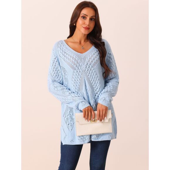 V Neck Long Sleeve Hollow Cable Knit Loose Casual Pullover Sweaters Blue - Picture 3 of 5
